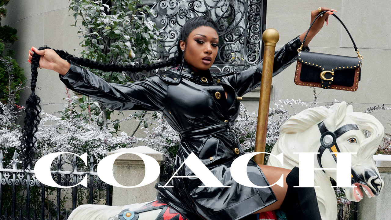 Coach x Megan Thee Stallion fashion campaign featuring rapper wearing clothes, bags and shoes from Coach.