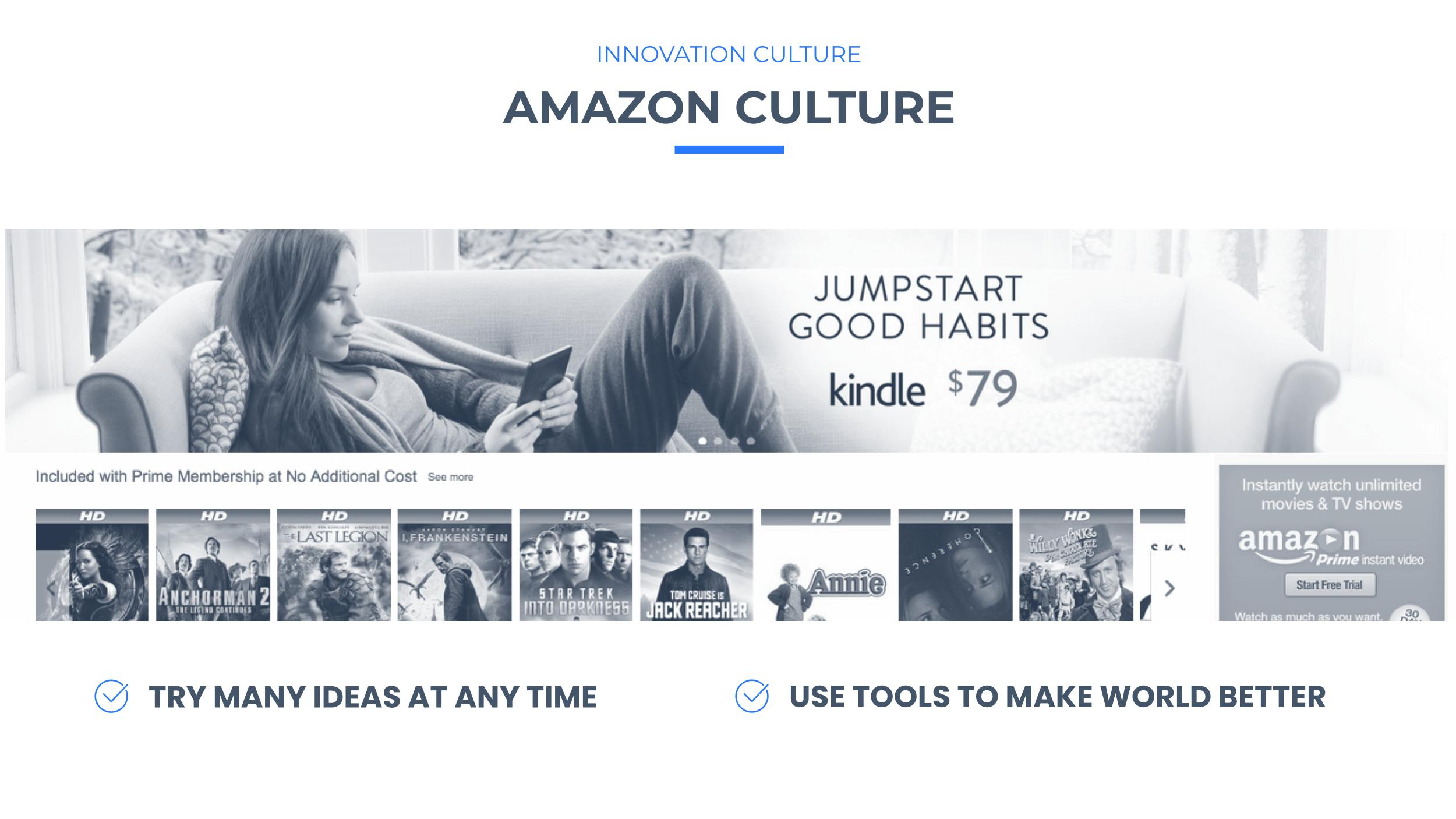AMAZON innovation culture insists to try many ideas and use tools internally developed