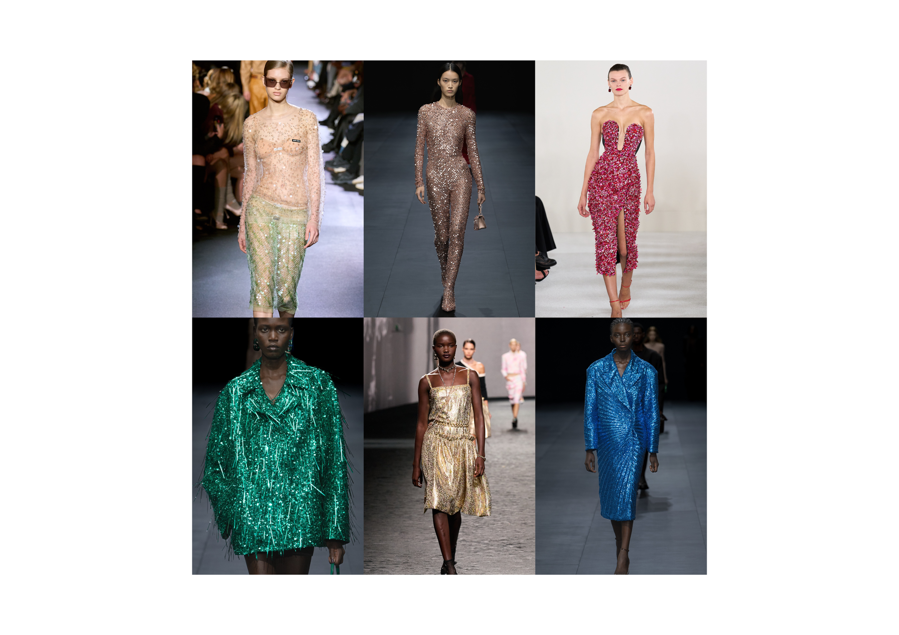 Trend mood board on Glitter outfits for SS23, based on fashion shows by major brands.